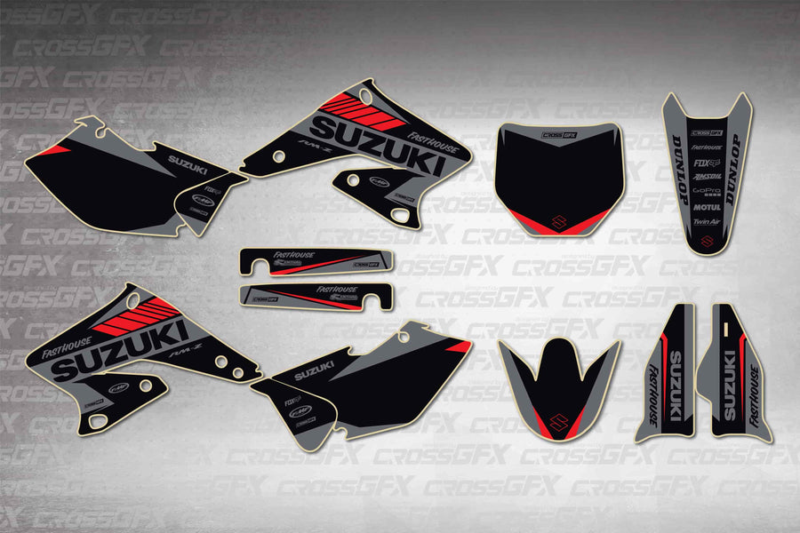 Graphics for Suzuki RMZ 250 2004-2006 - Blitz Red - flat layout showing all decal pieces included
