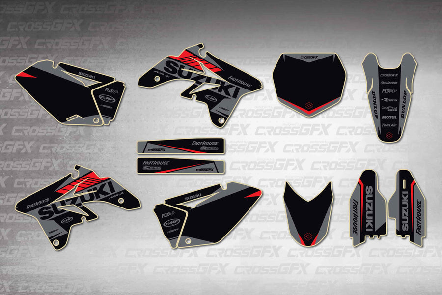 Graphics for Suzuki RMZ 250 2007-2009 - Blitz Red - flat layout showing all decal pieces included