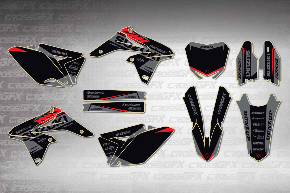 Graphics for Suzuki RMZ 250 2010-2018 - Blitz Red - flat layout showing all decal pieces included