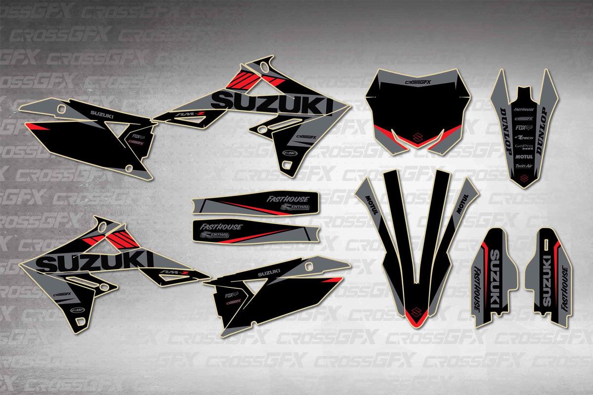 Graphics for Suzuki RMZ 450 2018-2026 - Blitz Red - flat layout showing all decal pieces included