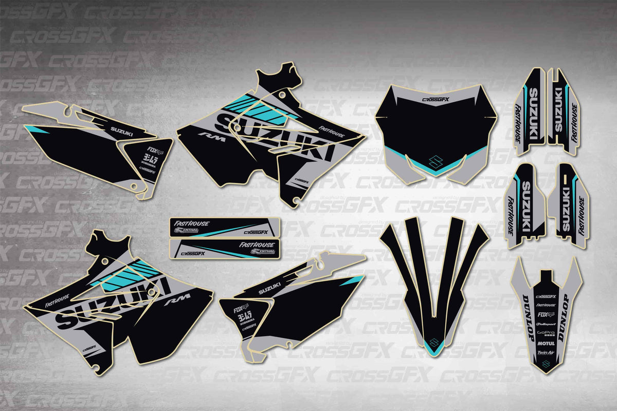 Graphics for Suzuki RM 250 Polisport 2001-2008 - Blitz Teal - flat layout showing all decal pieces included