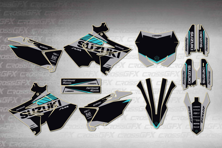 Graphics for Suzuki RM 250 Polisport 2001-2008 - Blitz Teal - flat layout showing all decal pieces included