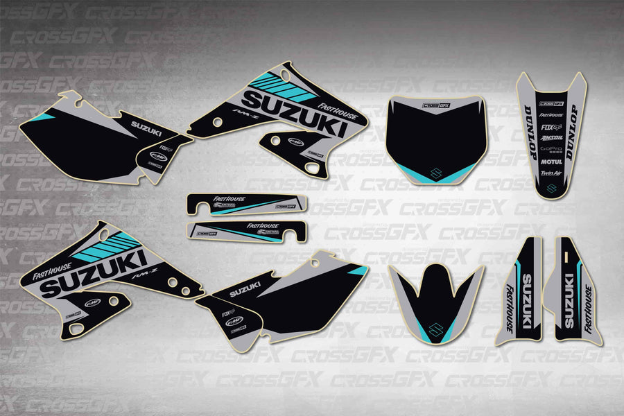 Graphics for Suzuki RMZ 250 2004-2006 - Blitz Teal - flat layout showing all decal pieces included