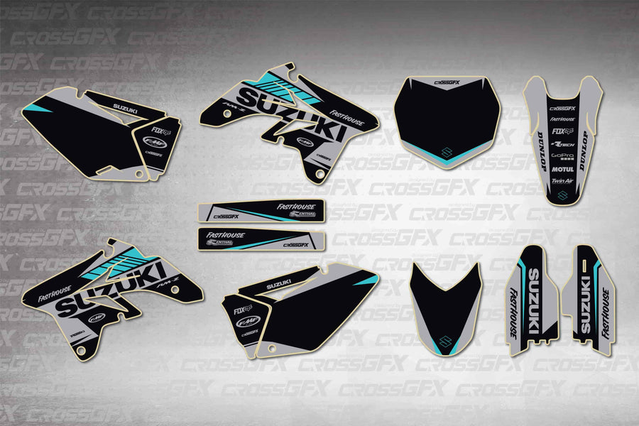 Graphics for Suzuki RMZ 250 2007-2009 - Blitz Teal - flat layout showing all decal pieces included