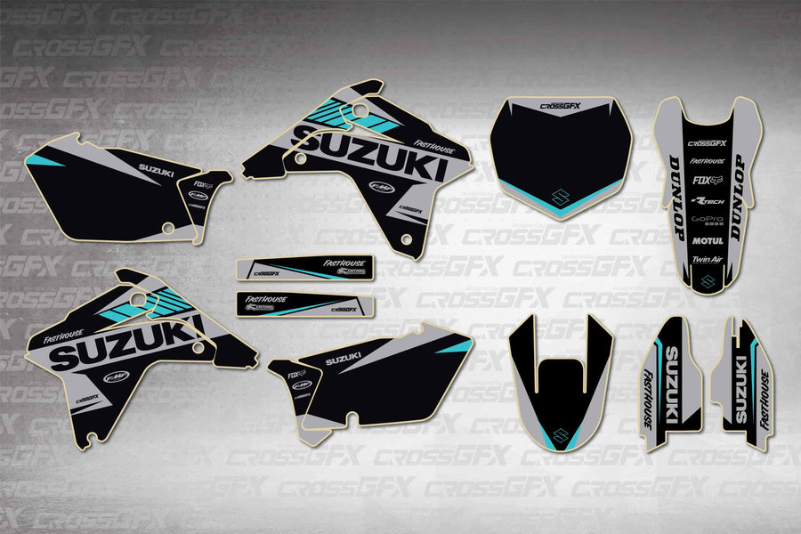 Graphics for Suzuki RMZ 450 2005-2006 - Blitz Teal - flat layout showing all decal pieces included
