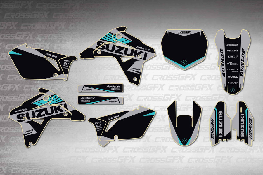 Graphics for Suzuki RMZ 450 2007 - Blitz Teal - flat layout showing all decal pieces included