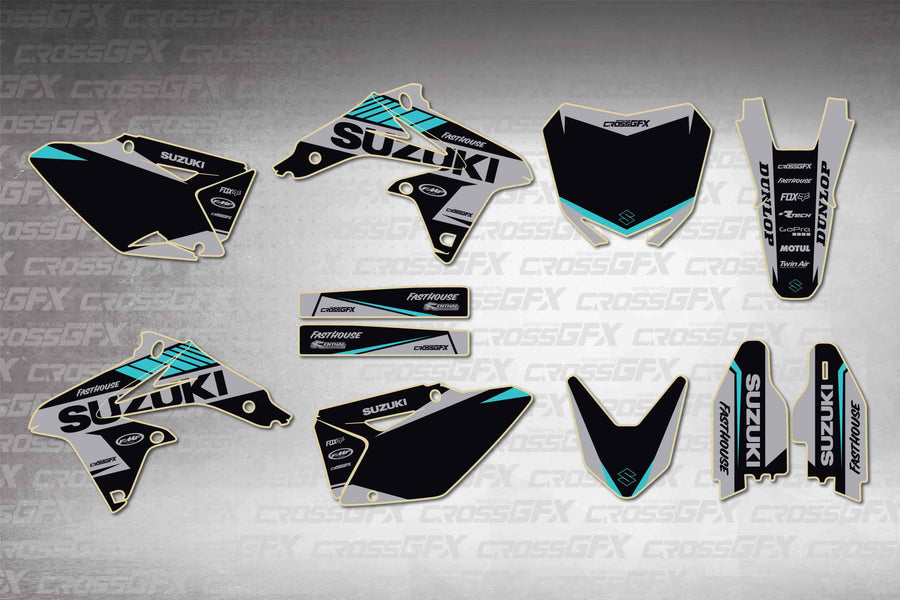 Graphics for Suzuki RMZ 450 2008-2017 - Blitz Teal - flat layout showing all decal pieces included