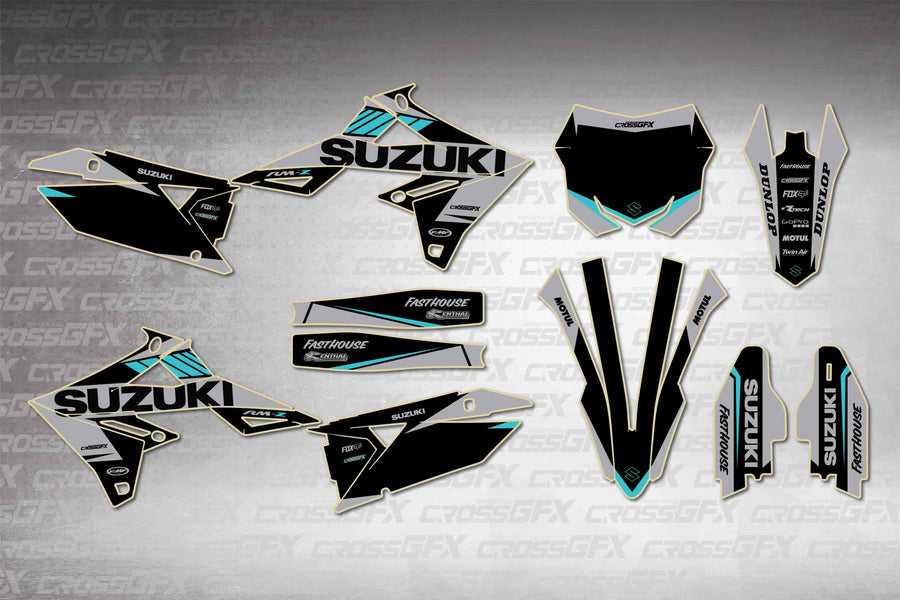 Graphics for Suzuki RMZ 450 2018-2026 - Blitz Teal - flat layout showing all decal pieces included
