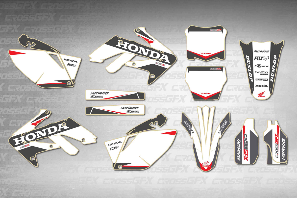 Graphics for Honda CRF 250R 2006-2009 - Blitz White - flat layout showing all decal pieces included