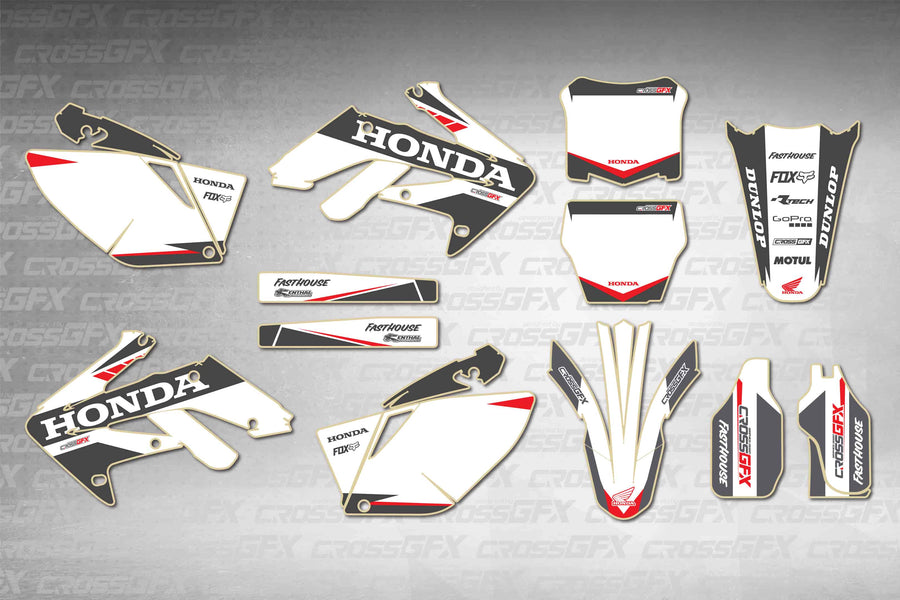 Graphics for Honda CRF 250R 2006-2009 - Blitz White - flat layout showing all decal pieces included