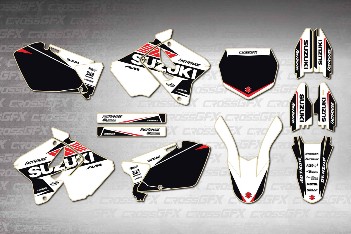 Graphics for Suzuki RM 125 2001-2008 - Blitz White - flat layout showing all decal pieces included