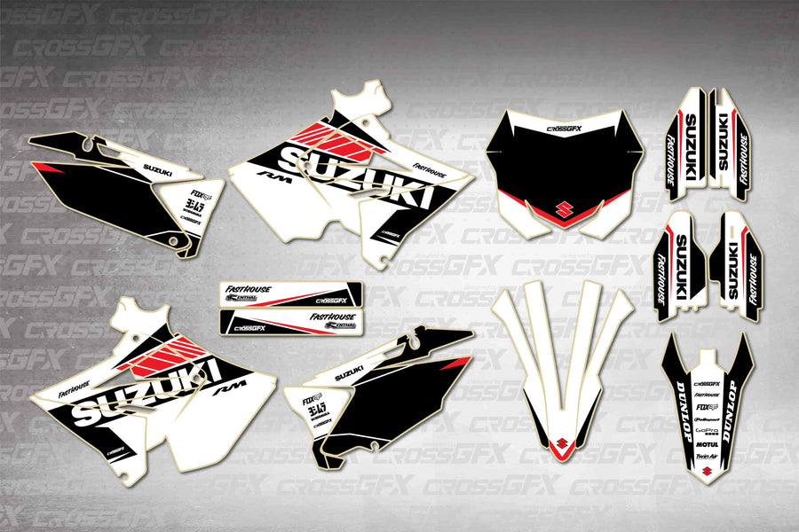 Graphics for Suzuki RM 125 Polisport 2001-2008 - Blitz White - flat layout showing all decal pieces included