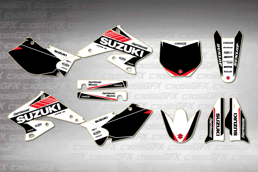 Graphics for Suzuki RMZ 250 2004-2006 - Blitz White - flat layout showing all decal pieces included