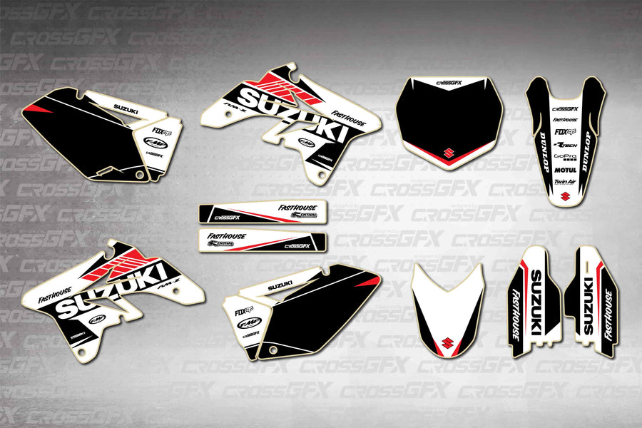 Graphics for Suzuki RMZ 250 2007-2009 - Blitz White - flat layout showing all decal pieces included