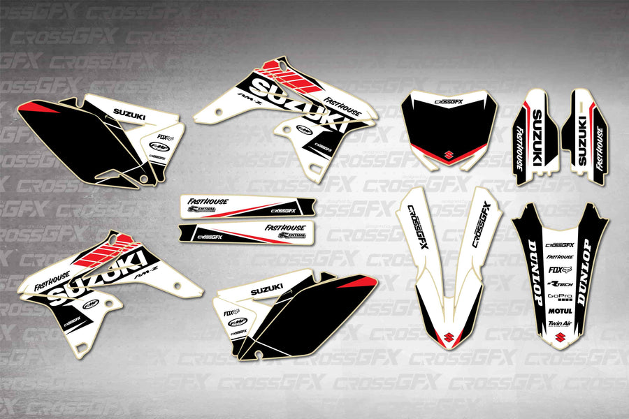 Graphics for Suzuki RMZ 250 2010-2018 - Blitz White - flat layout showing all decal pieces included