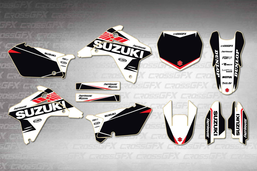 Graphics for Suzuki RMZ 450 2005-2006 - Blitz White - flat layout showing all decal pieces included