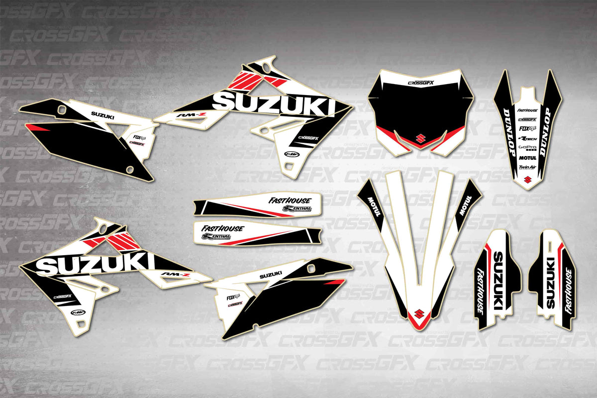 Graphics for Suzuki RMZ 450 2018-2026 - Blitz White - flat layout showing all decal pieces included
