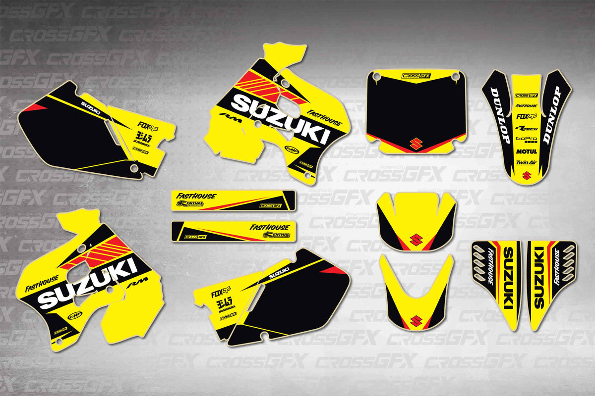 Graphics for Suzuki RM 125 1996-1998 - Blitz Yellow - flat layout showing all decal pieces included