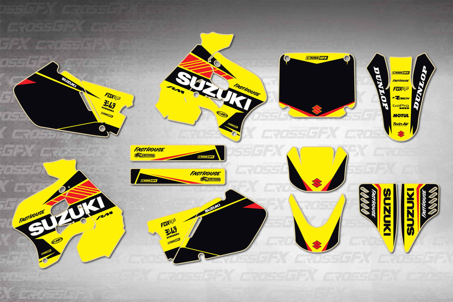 Graphics for Suzuki RM 125 1996-1998 - Blitz Yellow - flat layout showing all decal pieces included
