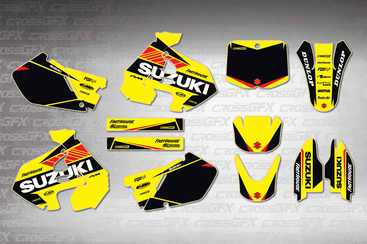 Graphics for Suzuki RM 125 1999-2000 - Blitz Yellow - flat layout showing all decal pieces included