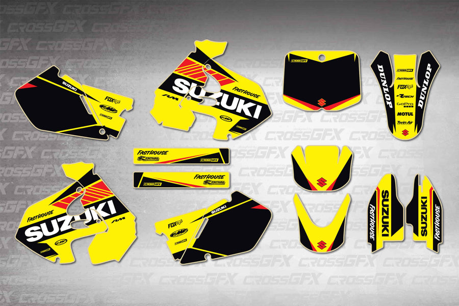 Graphics for Suzuki RM 125 1999-2000 - Blitz Yellow - flat layout showing all decal pieces included