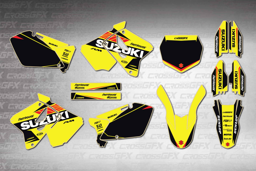 Graphics for Suzuki RM 125 2001-2008 - Blitz Yellow - flat layout showing all decal pieces included