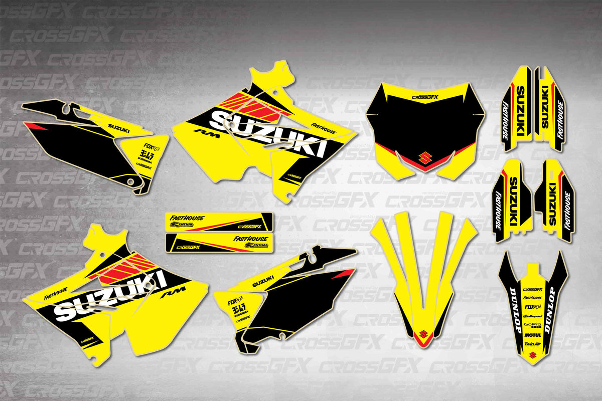 Graphics for Suzuki RM 125 Polisport 2001-2008 - Blitz Yellow - flat layout showing all decal pieces included
