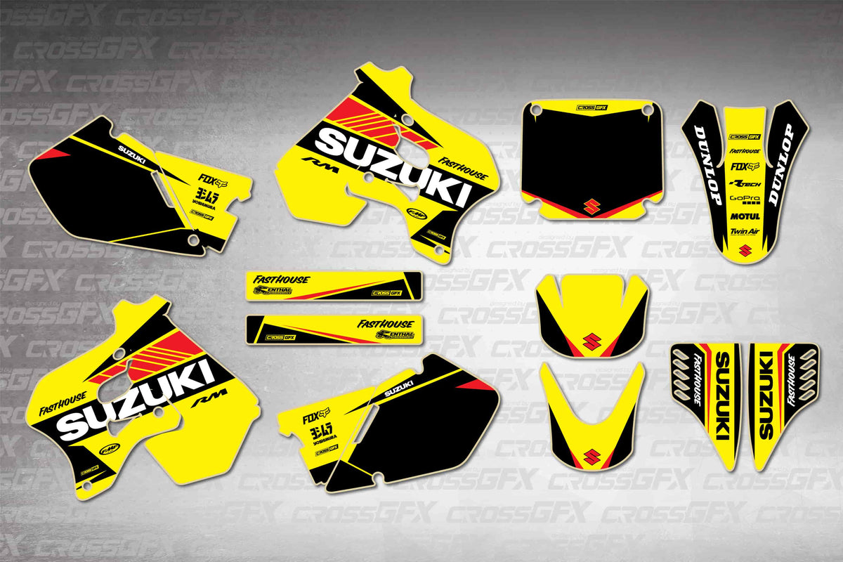 Graphics for Suzuki RM 250 1996-1998 - Blitz Yellow - flat layout showing all decal pieces included