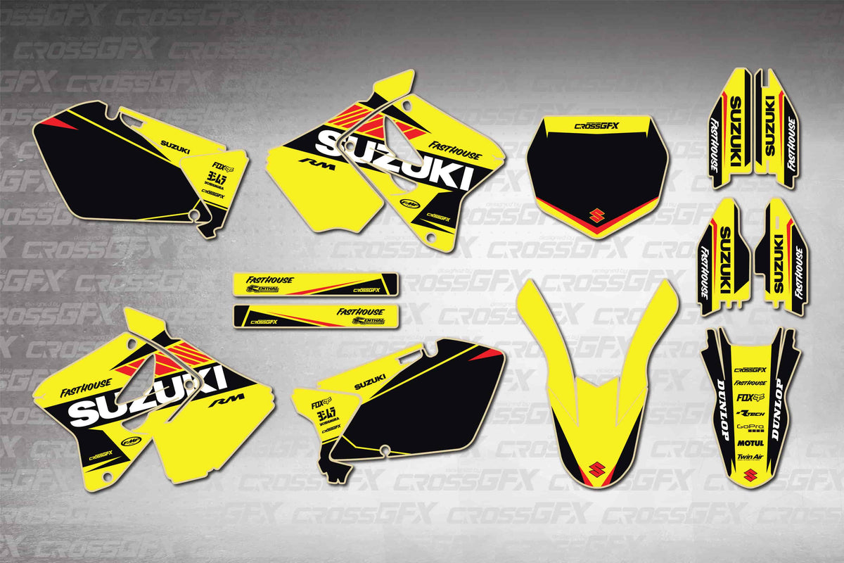 Graphics for Suzuki RM 250 2001-2008 - Blitz Yellow - flat layout showing all decal pieces included