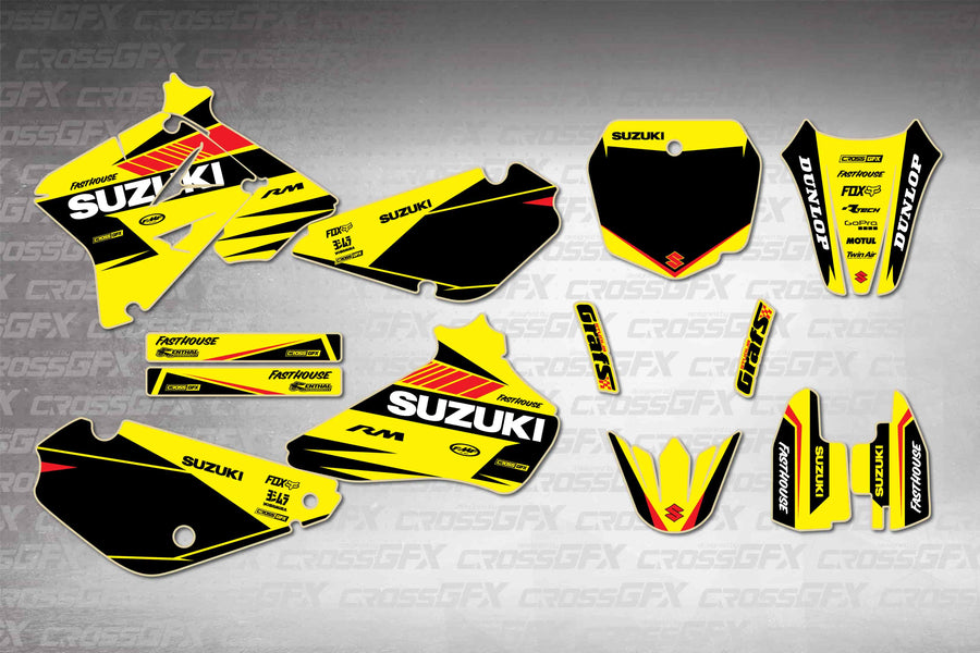 Graphics for Suzuki RM 85 2001-2004 - Blitz Yellow - flat layout showing all decal pieces included