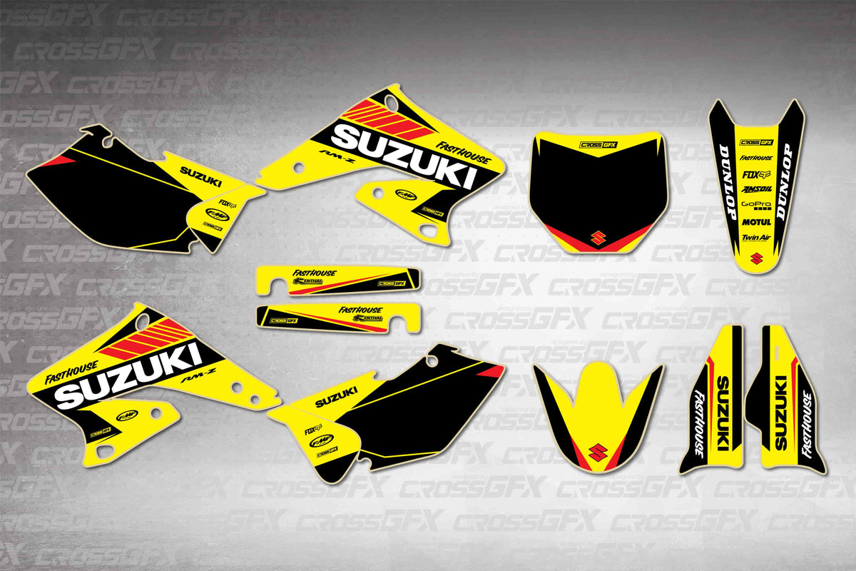 Graphics for Suzuki RMZ 250 2004-2006 - Blitz Yellow - flat layout showing all decal pieces included