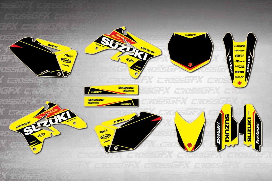 Graphics for Suzuki RMZ 250 2007-2009 - Blitz Yellow - flat layout showing all decal pieces included