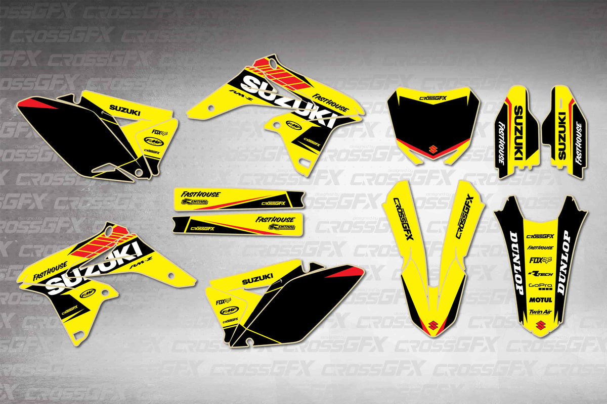 Graphics for Suzuki RMZ 250 2010-2018 - Blitz Yellow - flat layout showing all decal pieces included