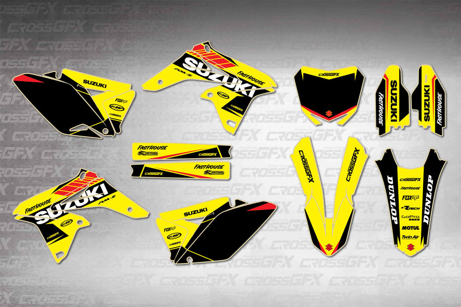 Graphics for Suzuki RMZ 250 2010-2018 - Blitz Yellow - flat layout showing all decal pieces included