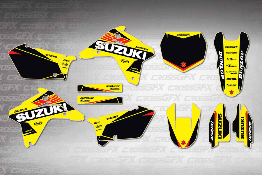 Graphics for Suzuki RMZ 450 2005-2006 - Blitz Yellow - flat layout showing all decal pieces included
