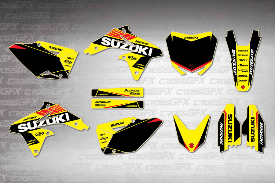 Graphics for Suzuki RMZ 450 2008-2017 - Blitz Yellow - flat layout showing all decal pieces included