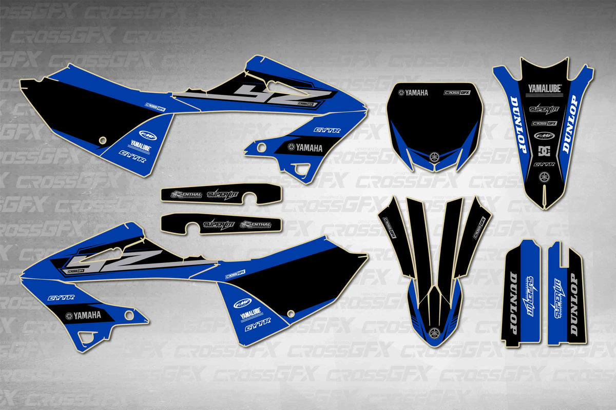 Yamaha YZ 125 2002-2004 Polisport 2022 Restyle Block Blue graphics kit - flat layout showing all decal pieces included