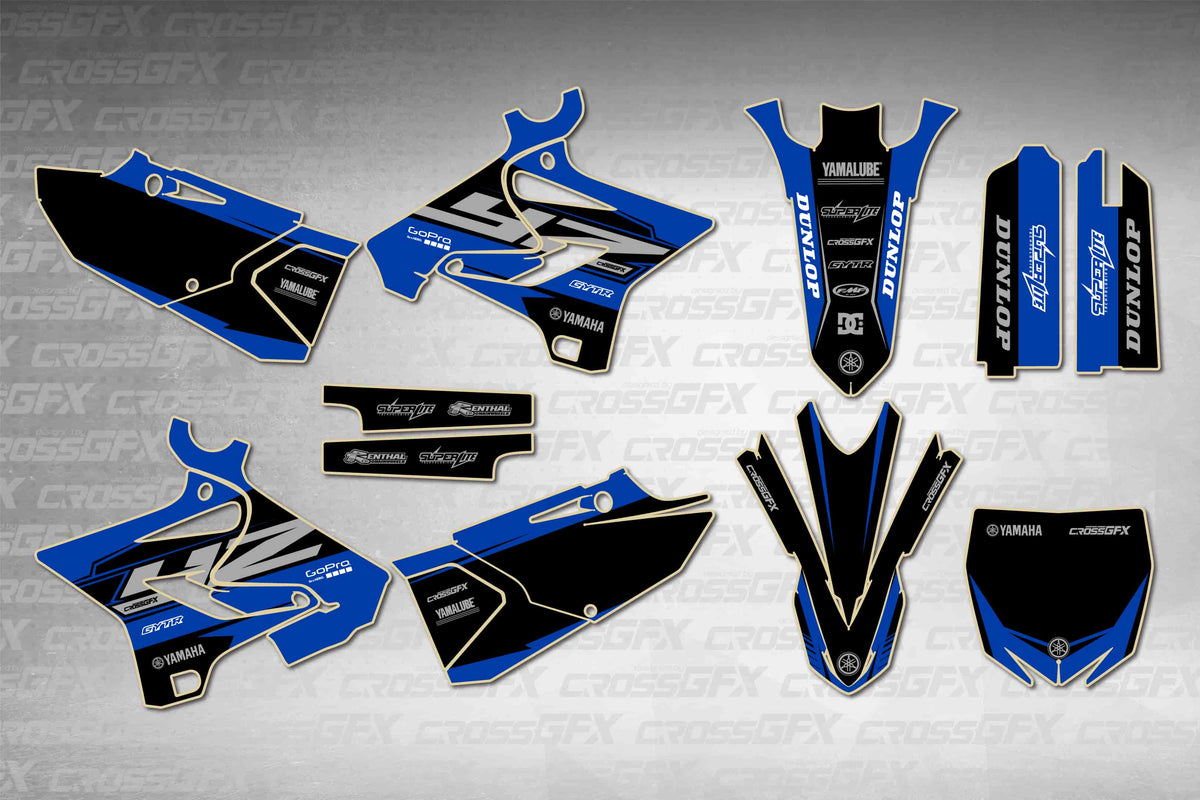 Graphics for Yamaha YZ 250 Polisport 2002-2004 - Block Blue - flat layout showing all decal pieces included