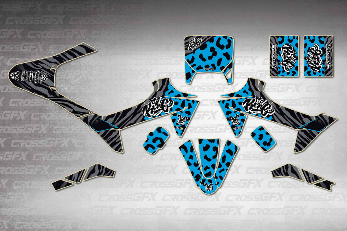 KTM SX-E 2 2024-2026 Panther Blue graphics kit - flat layout showing all decal pieces included