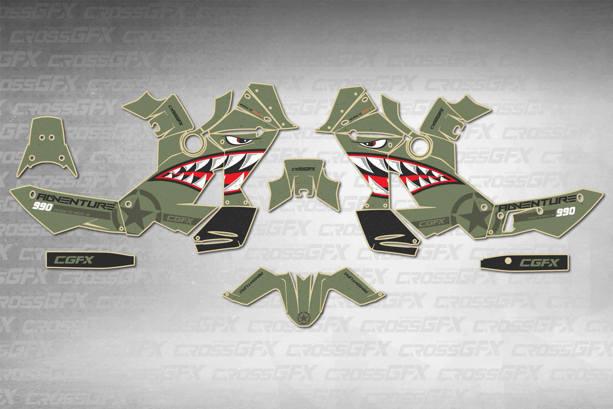 Graphics for KTM 990 Adventure 2006-2013 - Bomber Green - flat layout showing all decal pieces included