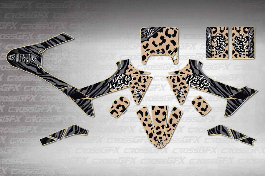 KTM SX-E 2 2024-2026 Panther Brown graphics kit - flat layout showing all decal pieces included