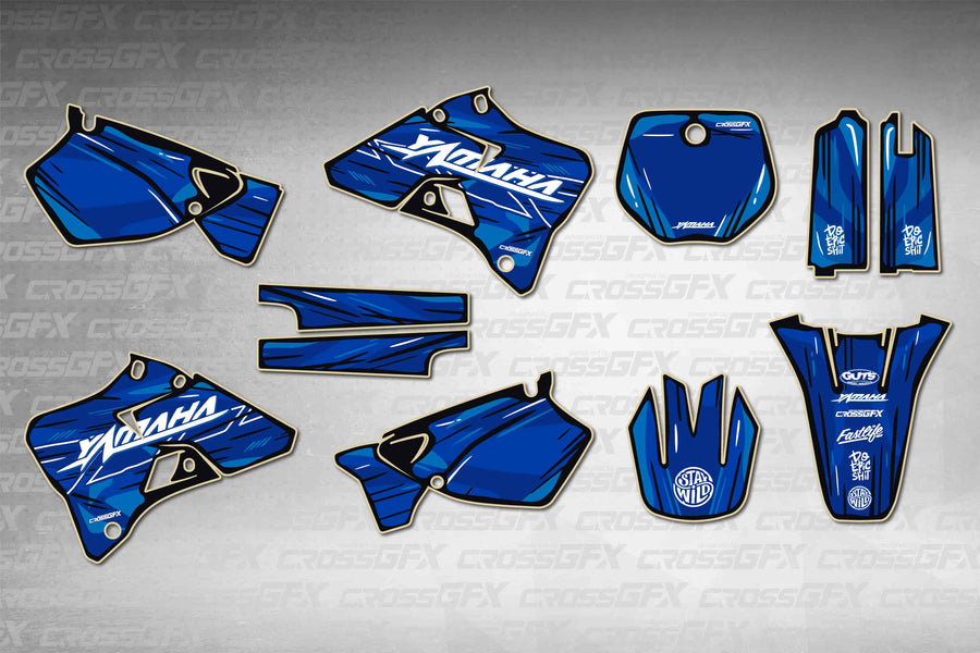Graphics for Yamaha YZ 250 1996-1999 - Brush Blue - flat layout showing all decal pieces included