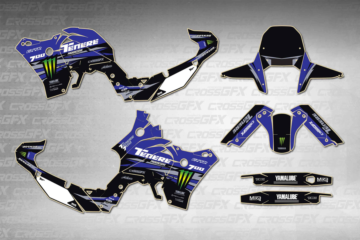 Graphics for Yamaha Tenere 700 2019-2024 - Brute Blue - flat layout showing all decal pieces included
