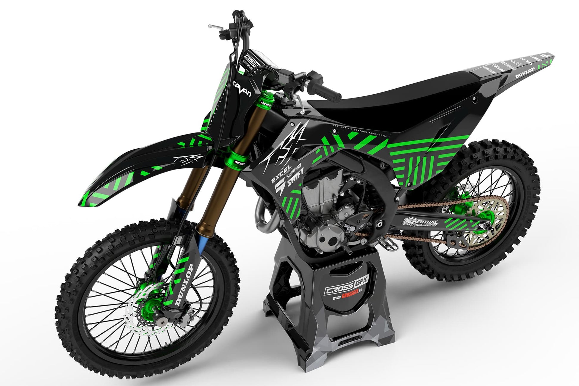 Left side view of the Culture Green racing graphics kit on a Kawasaki dirt bike.