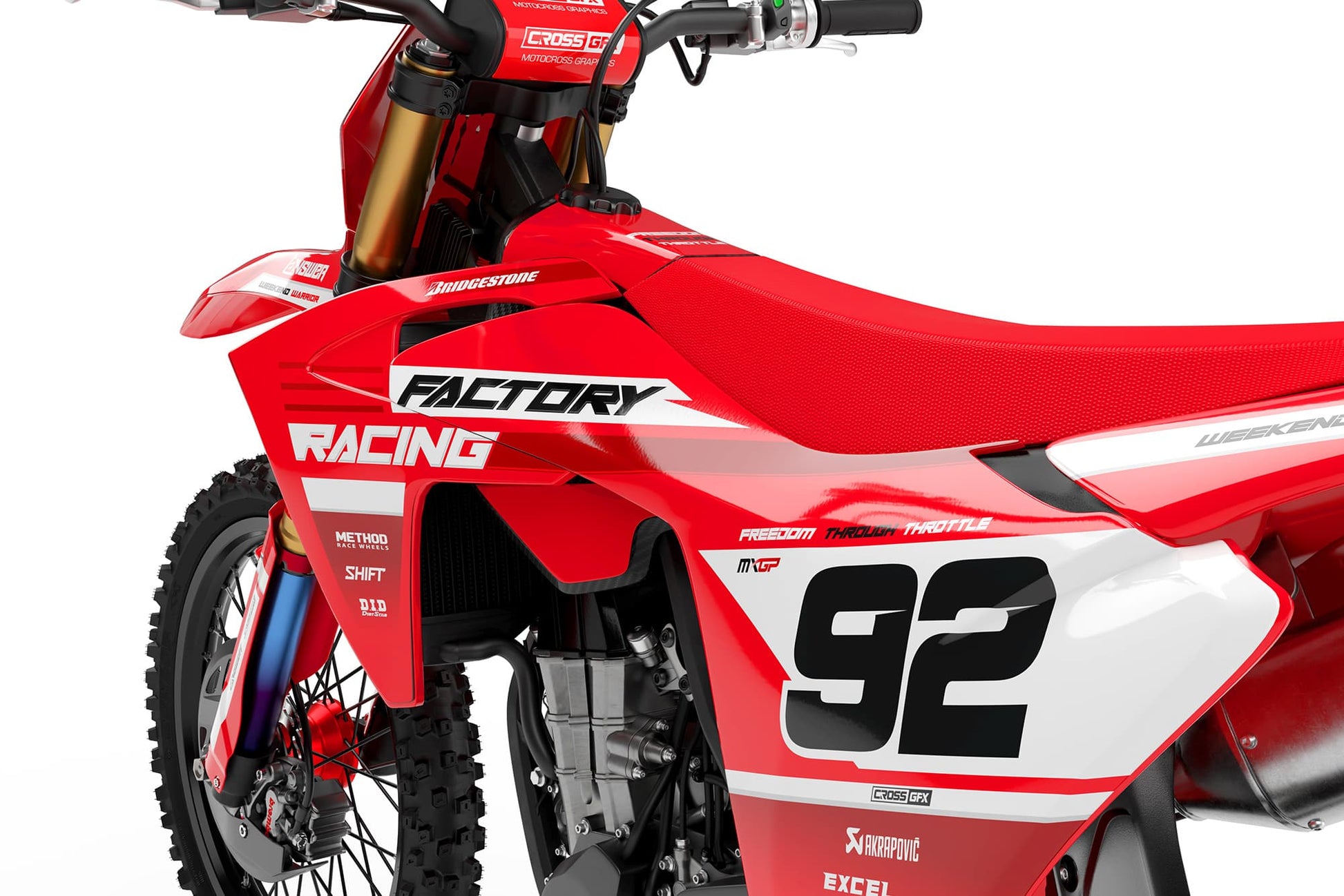 Close-up promotional shot of the GasGas Factory Red semi-custom graphics details.