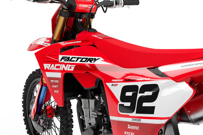 Close-up promotional shot of the GasGas Factory Red semi-custom graphics details.