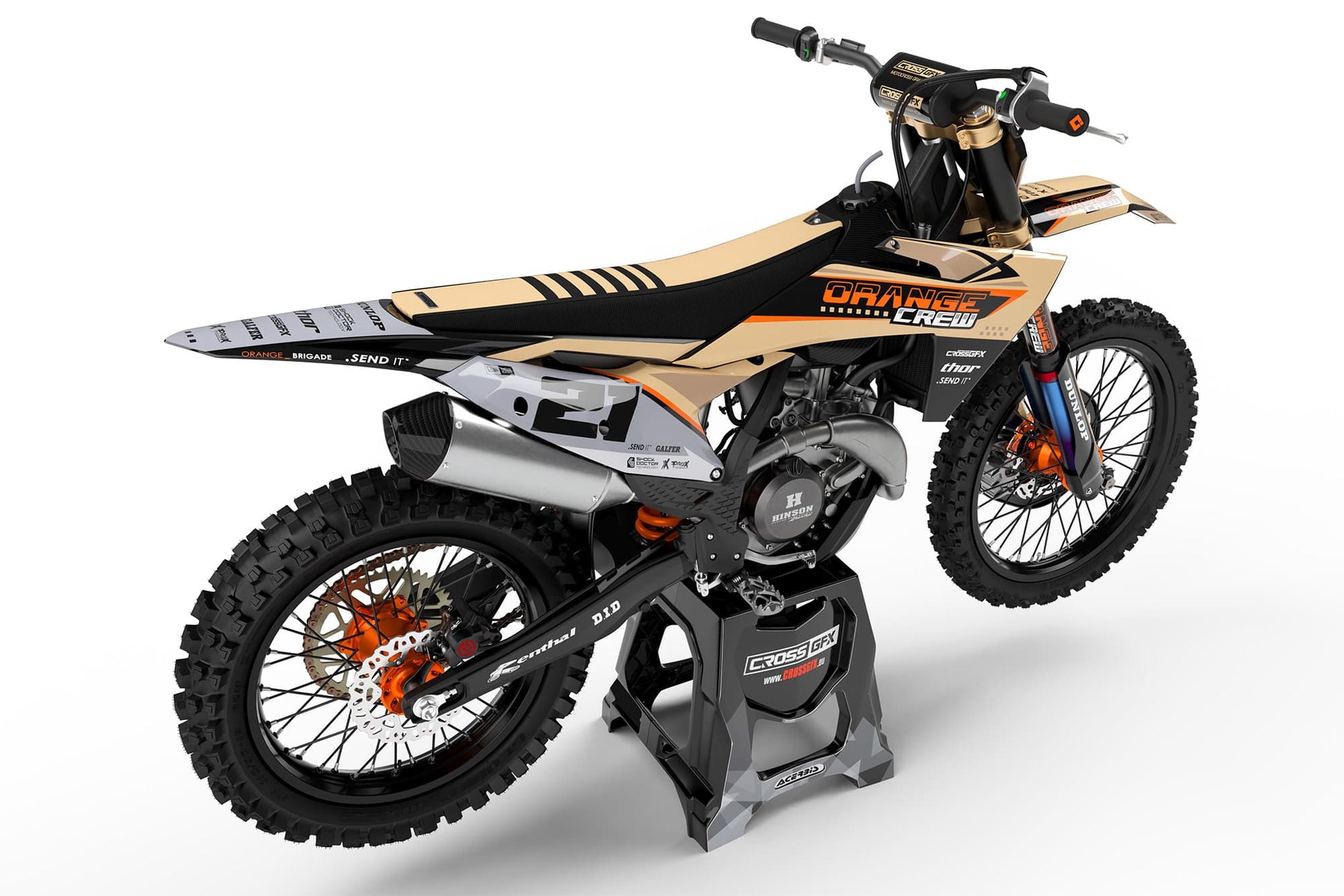Rear view of the Orange Crew custom decal kit on a KTM motorcycle.