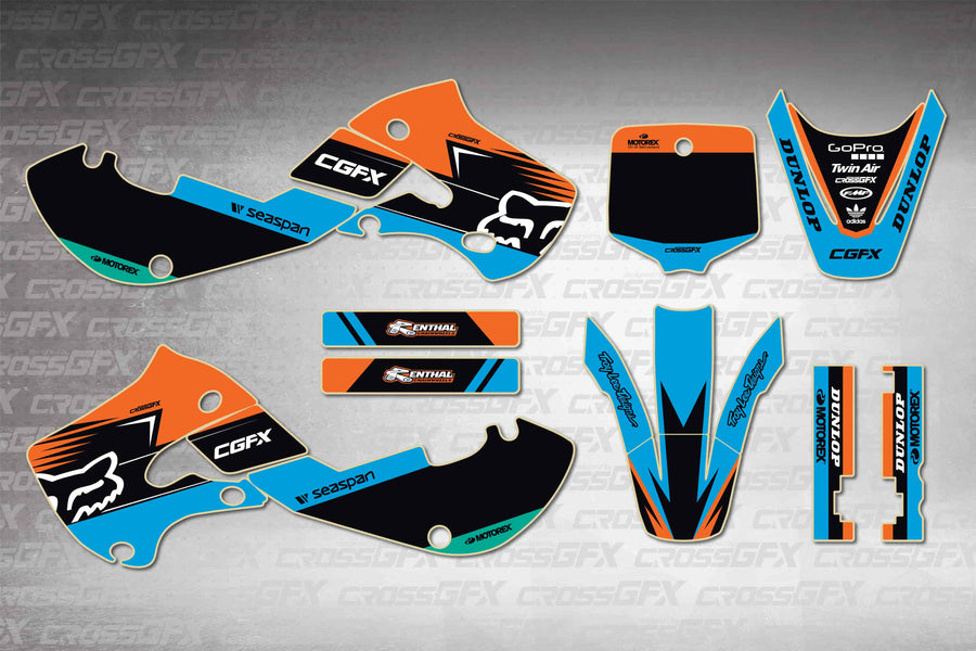 Graphics for Kawasaki KX 65 2000-2026 - Cord Blue - flat layout showing all decal pieces included
