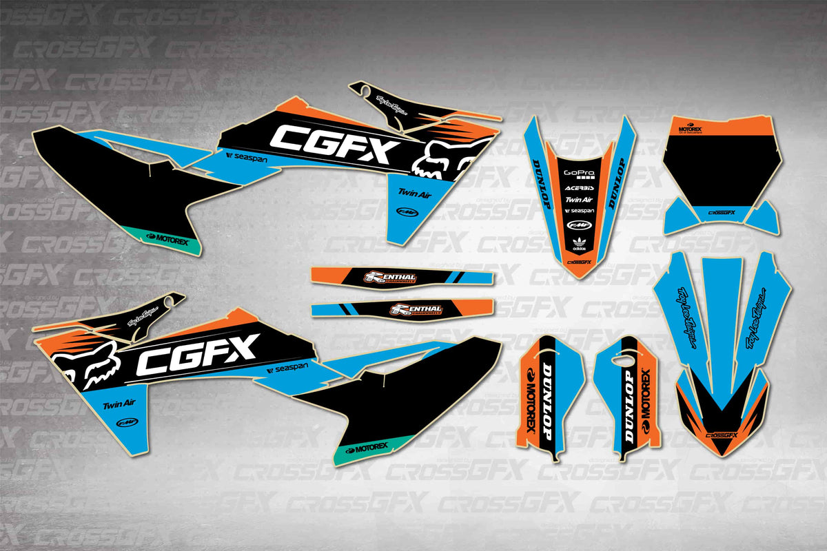 KTM SX-E 3 2025-2026 Cord Blue graphics kit - flat layout showing all decal pieces included