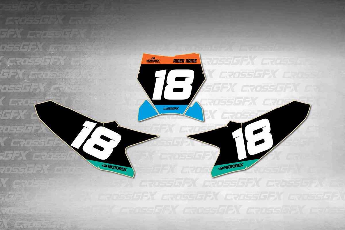 Graphics for KTM 50 SX 2024-2026 - Cord Blue number plate decals - flat layout showing all pieces included